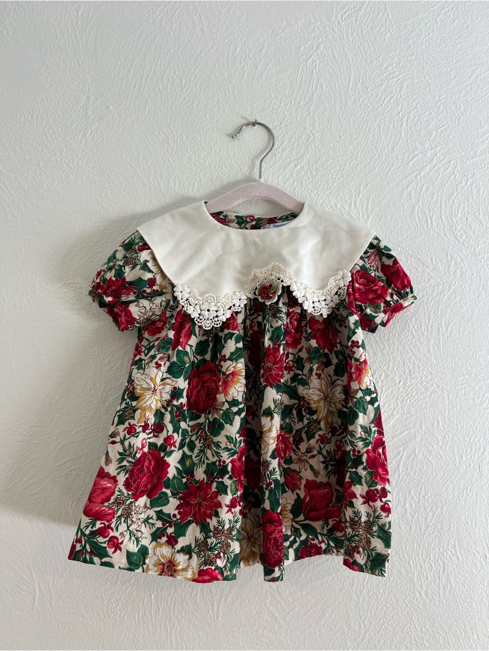 Vintage Holiday Floral Dress with Red & Green Peter Pan Collar size 18 months
